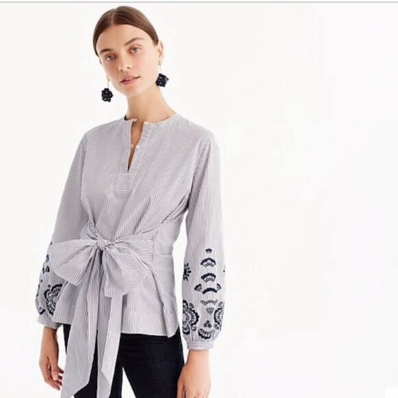 J. Crew Popover Embroidered Sleeve Tunic Top in White w/ Red & Blue Stripes XXS - Picture 1 of 8